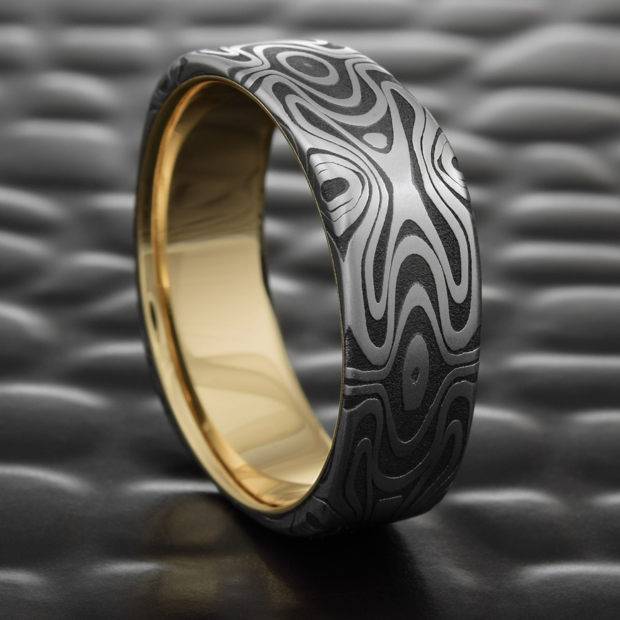 Square Damascus Ring with 14K Yellow Gold Liner and Dark Fire Oxide |  REFLECTIONS — Steven Jacob